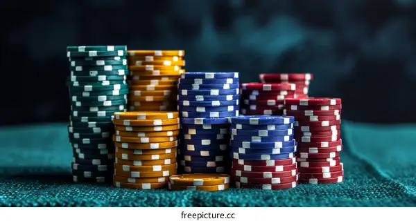 Colorful Casino Chip Stacks on Green Table