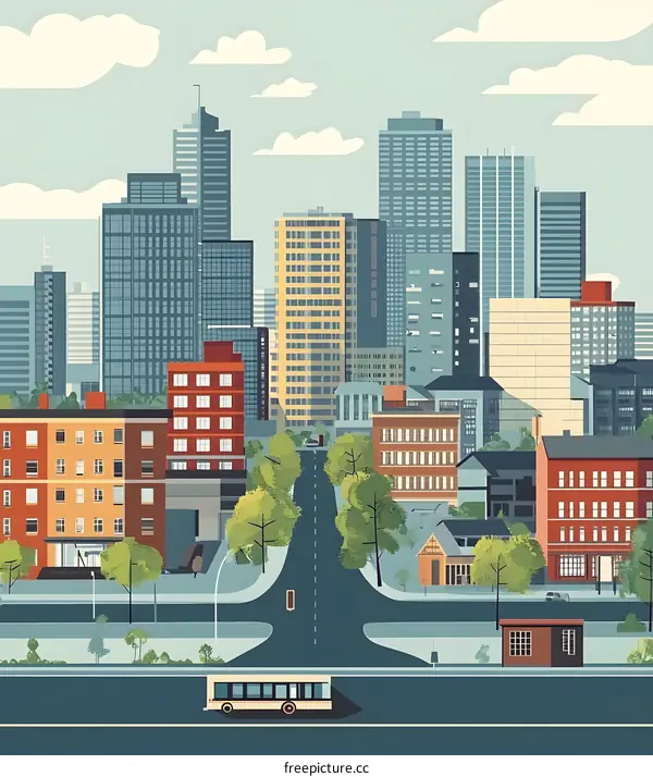 Cityscape Illustration with Buildings and a Bus on the Road