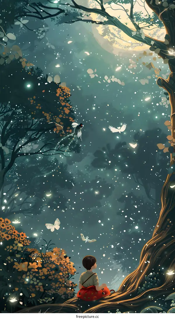 Girl Sitting on Tree Branch Under Moonlit Sky Watching Fireflies