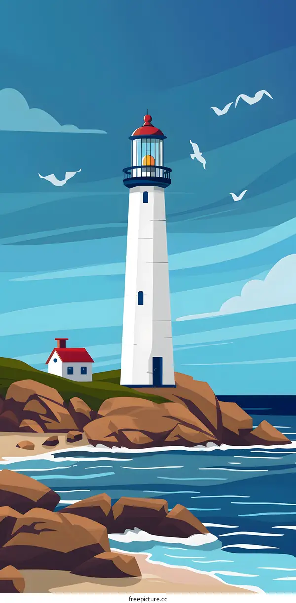 Lighthouse on the Coast with Seagulls and Ocean