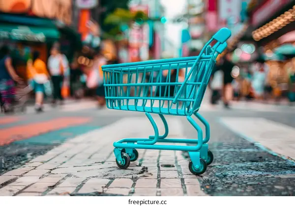 Blue Shopping Cart On Sidewalk In Busy City Street