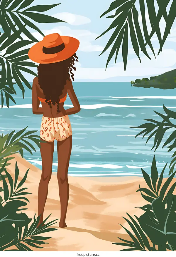 Woman in Orange Hat on Tropical Beach