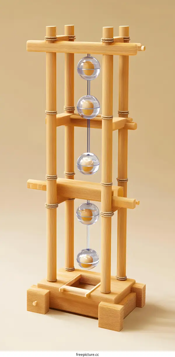 Abstract Wooden Sculpture with Hanging Spheres