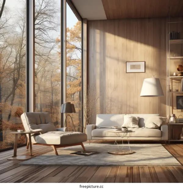 A modern living room with a large window looking out onto a forest