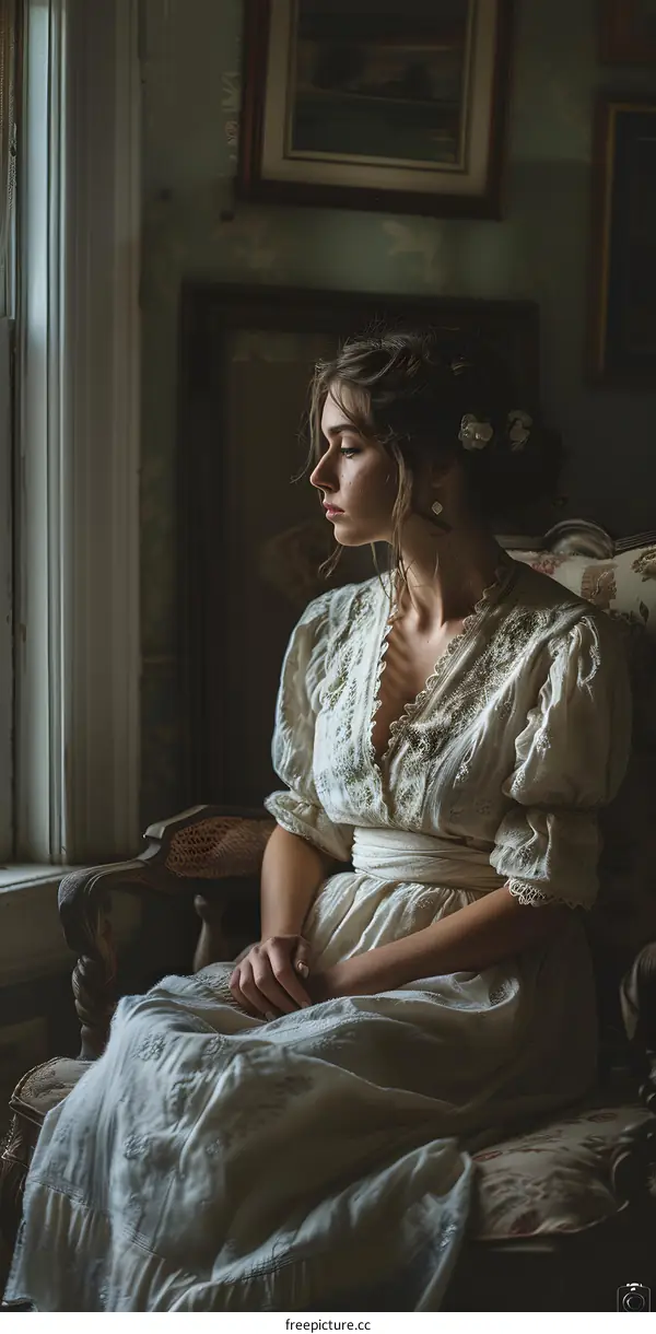 A Woman Sitting in a Chair by a Window in a Vintage Home