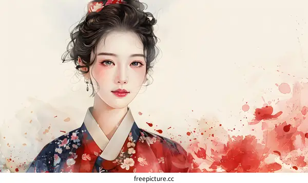 Watercolor Portrait of a Beautiful Asian Woman in Traditional Clothing