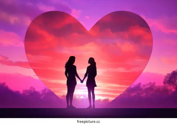 Silhouette of Two Women Holding Hands at Sunset
