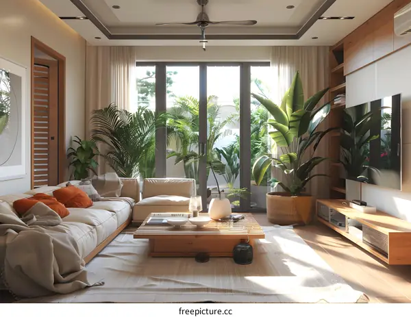 Modern living room interior with large windows and plants