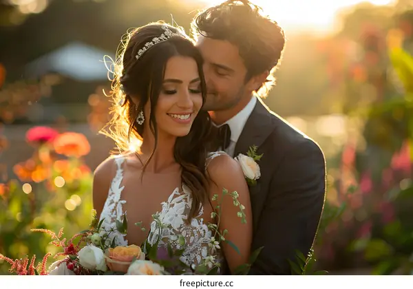 Happy Couple at Sunset in Garden