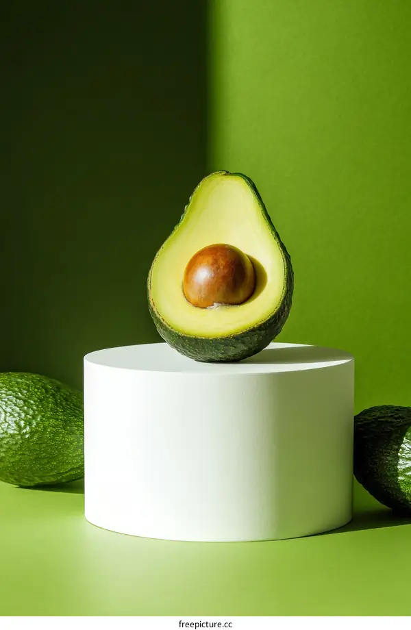 Avocado Cut in Half on White Pedestal Against a Green Background