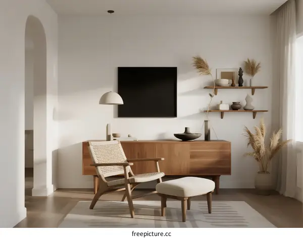 Modern minimalist living room with neutral tones and wooden furniture