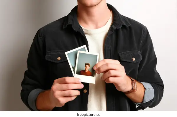 Man Holding Instant Photos of a Person