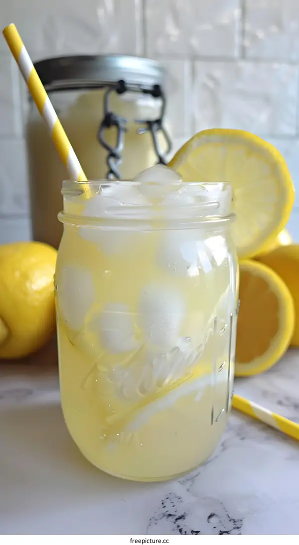 Refreshing Homemade Lemonade with Ice and Straw in Glass Jar