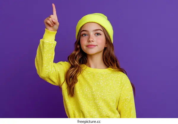 Stylish Girl Pointing with Bright Yellow Outfit