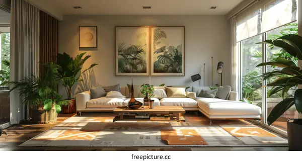 Indoor living room with white sofa and green plants