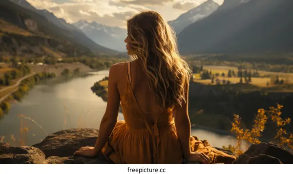 Young woman sitting on a rock and looking at the beautiful mountain landscape