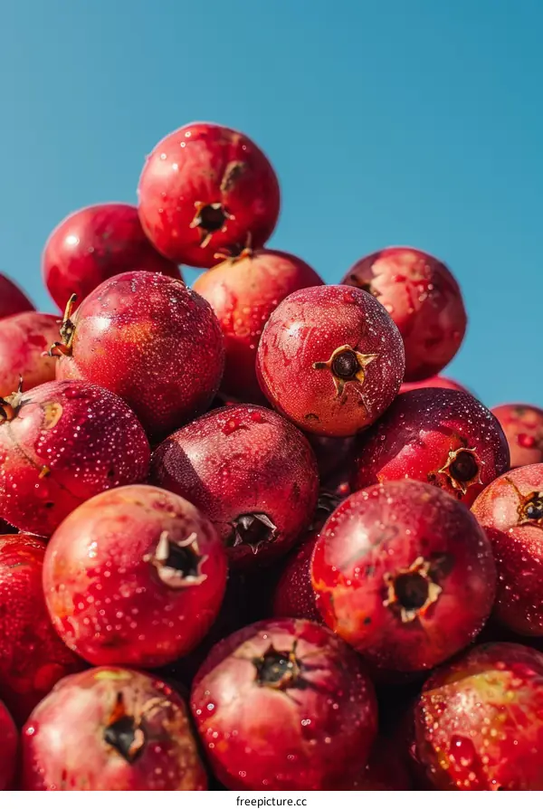 Close-up of a pile of ripe red pomegranates with water droplets against the blue sky background