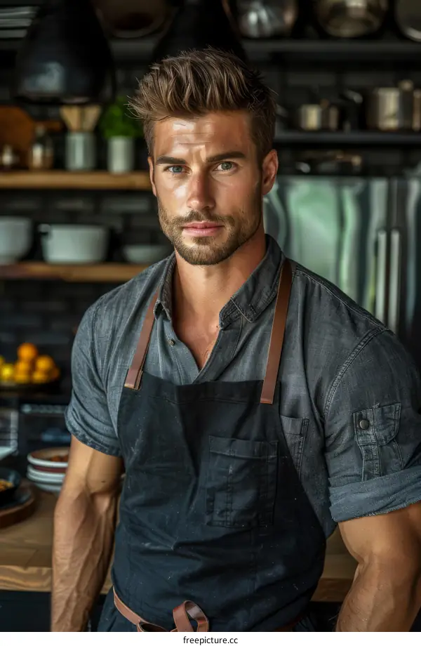 Bearded man wearing apron in kitchen