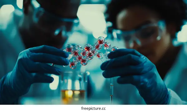 Scientists examining molecular structure in laboratory