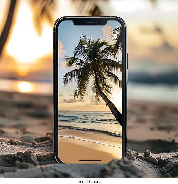 Palm Tree on Beach Sunset View on Phone