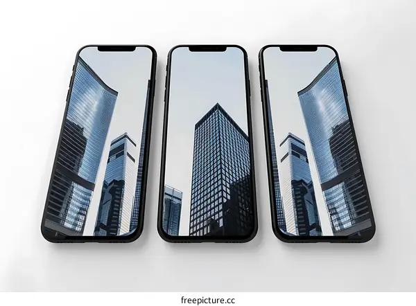 Three Black Smartphones Showing Cityscape