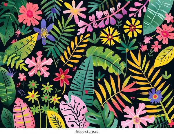 Colorful Floral Pattern With Tropical Leaves On Black Background