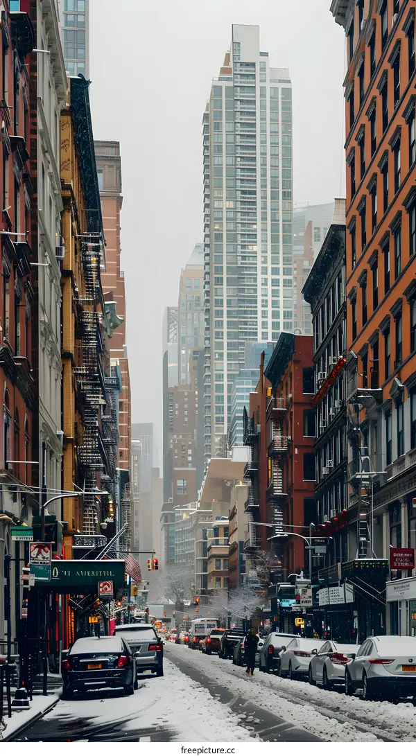 Snowy Street In New York City With Tall Buildings