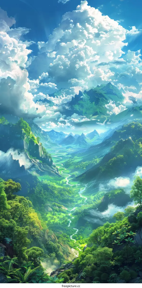 Fantasy Mountain Valley Landscape Illustration