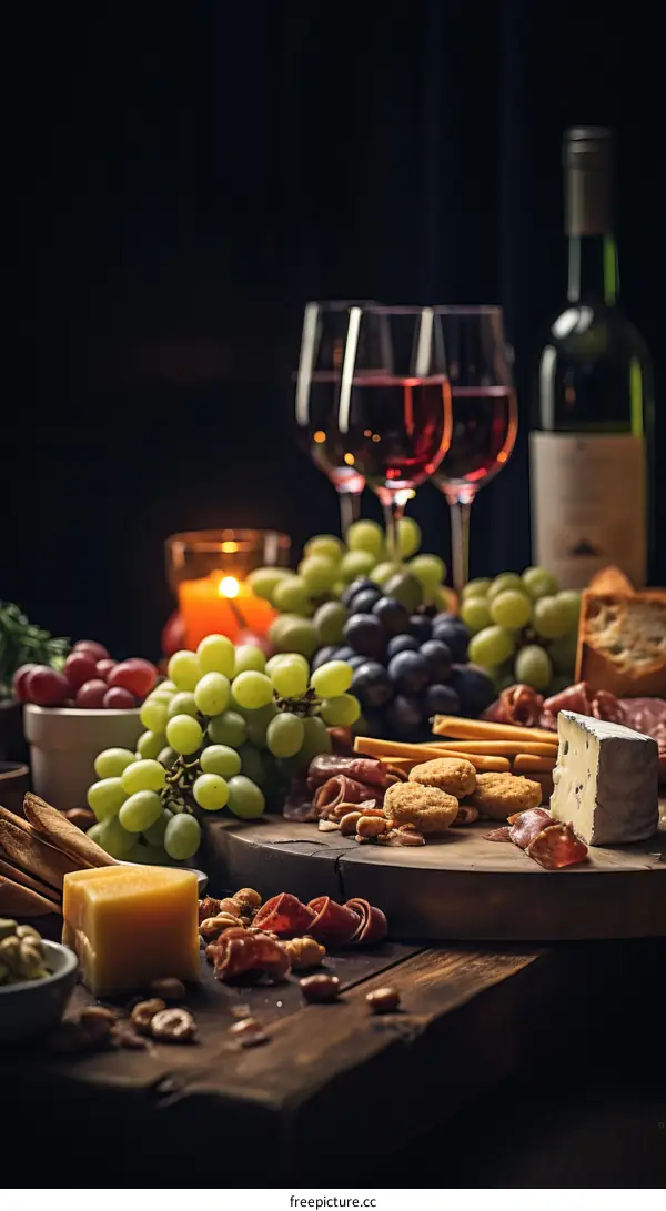 A rustic spread of wine, cheese, grapes, and crackers on a wooden table