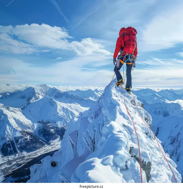 A lone mountaineer reaches the summit of a snow-capped mountain.