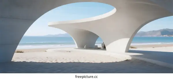 Modern Architectural Structure on Scenic Coastal Beach with Open Arches
