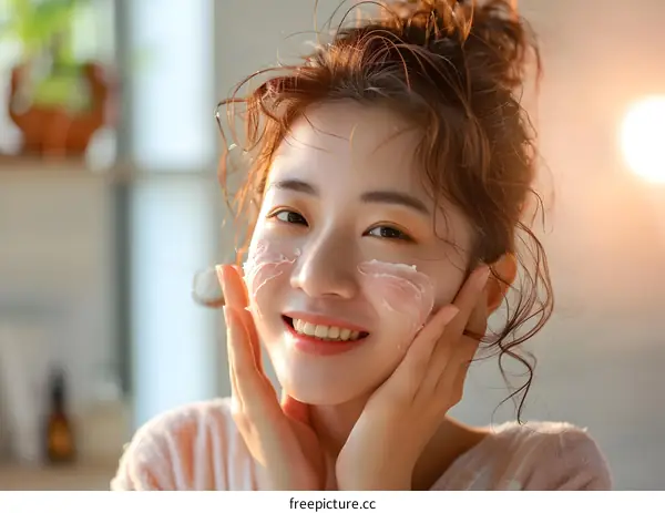 Smiling Asian Woman Applying Face Cream