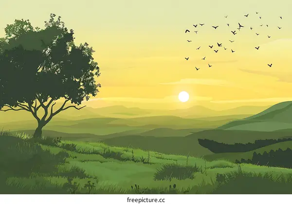 Green Hills Landscape with Flying Birds at Sunset