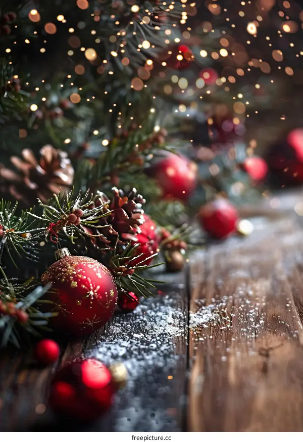 Christmas background with fir branches and red balls