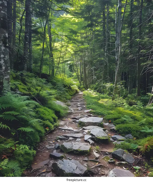 Rocky path through a lush green forest