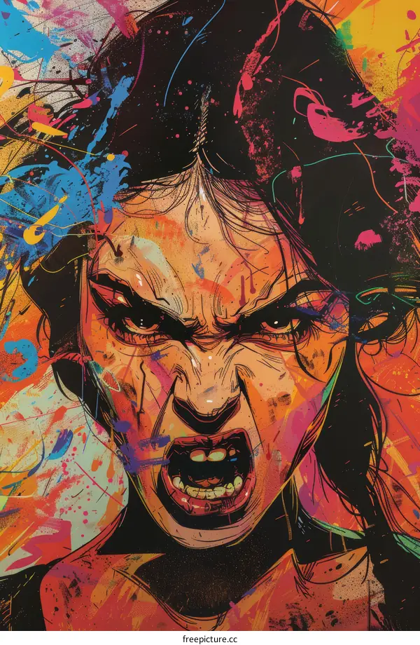 A womans face with a screaming expression and colorful paint splatters