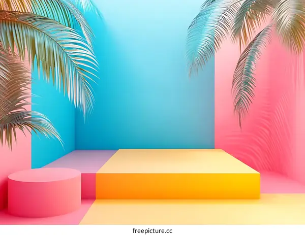 Summer Tropical Minimalist Scene With Palm Leaves and Geometric Shapes