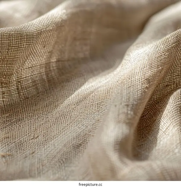 Close-up of beige crumpled linen fabric texture background