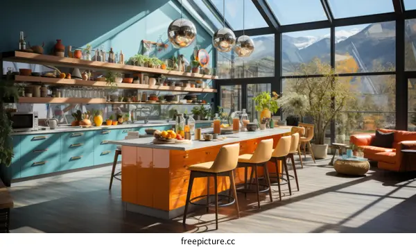 Modern Kitchen with Large Windows and a Mountain View