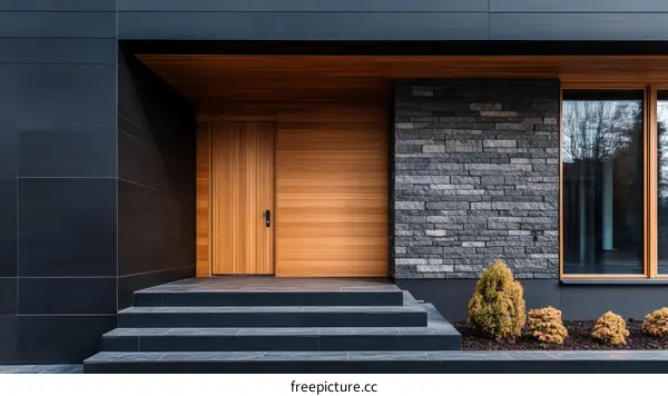 Modern House Entrance with Wooden Door and Stone Facade