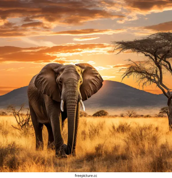 Majestic African Elephant Walking Through The Golden Grasslands At Sunset