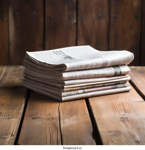 Stack of Old Newspapers on a Wooden Table