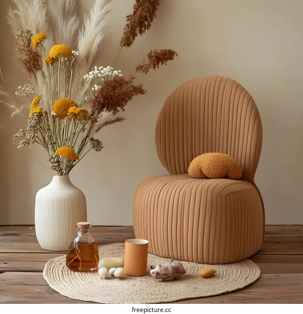 Modern Interior Design With Brown Chair And Dried Flowers