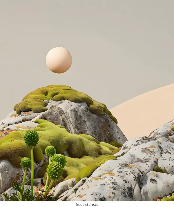 Abstract Minimalist 3D Illustration of a Sphere Floating Above a Mossy Rock Formation