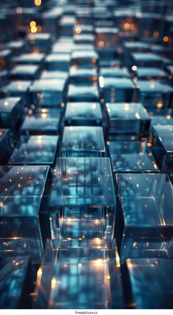 Abstract 3D rendering of glowing blue glass cubes background