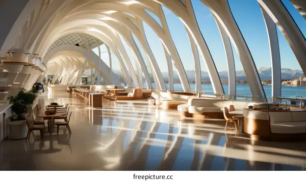 Modern Architecture Hotel Interior with Panoramic Windows and Curved White Walls
