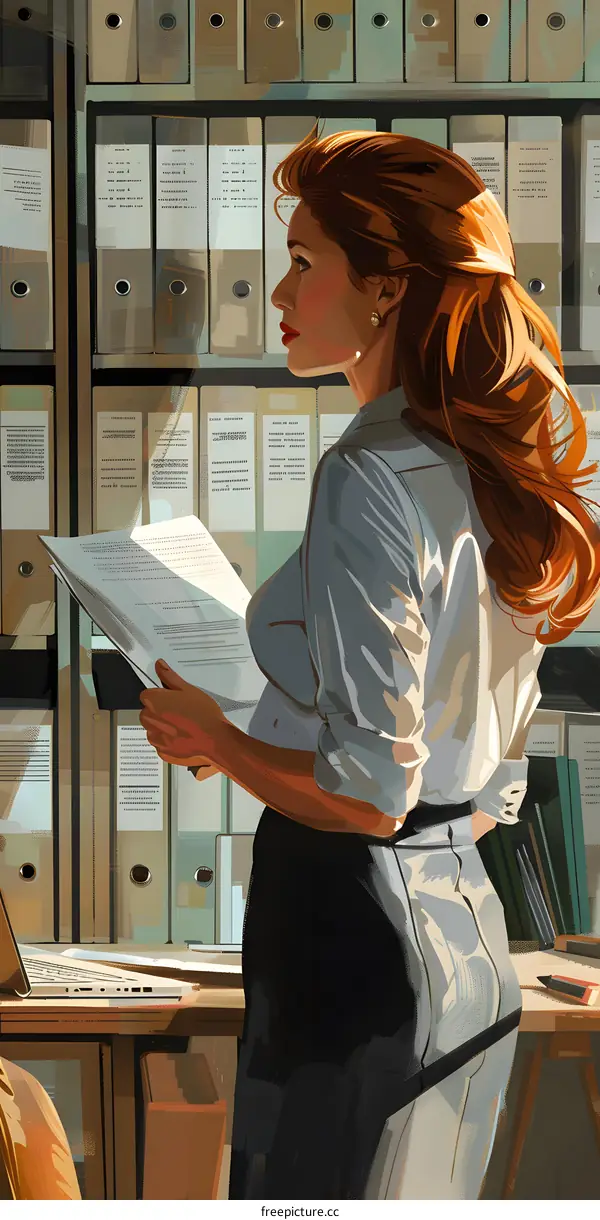 A woman in a white blouse is looking at a file in a filing cabinet.