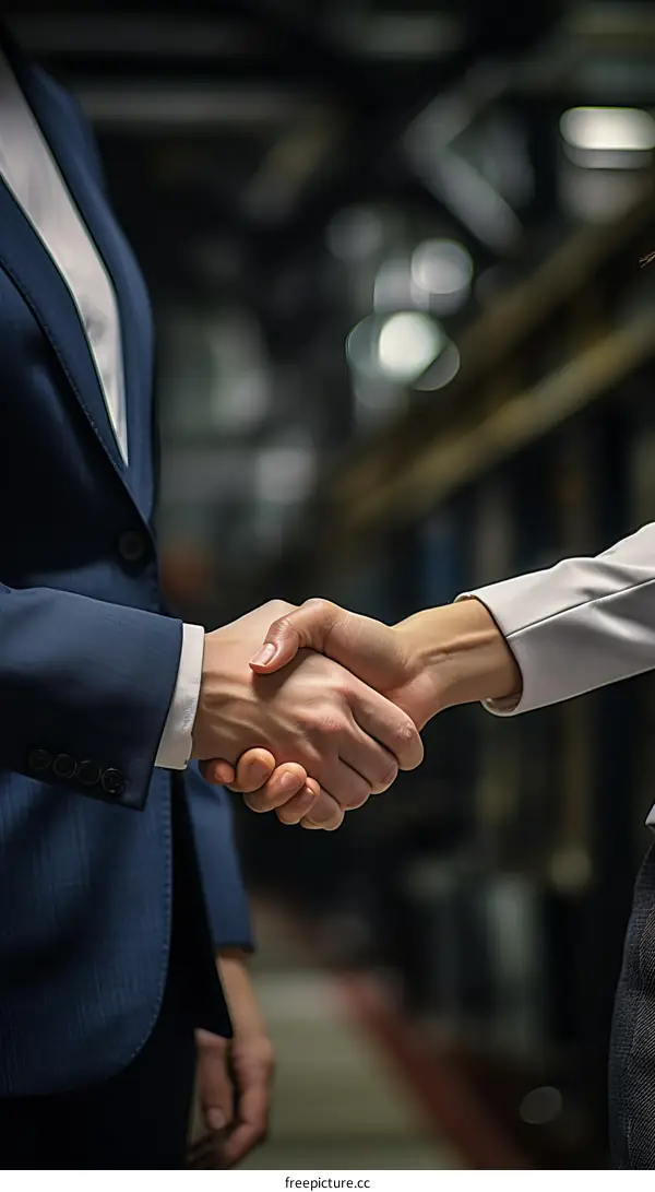 Businessman and businesswoman shaking hands in factory