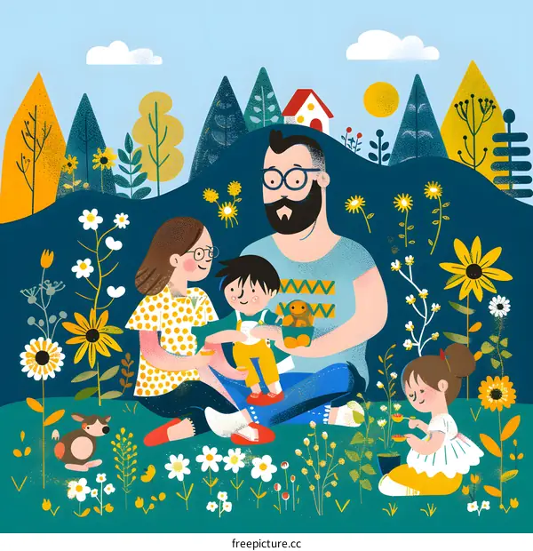 Happy Family Enjoying a Day in Nature with Flowers and Trees