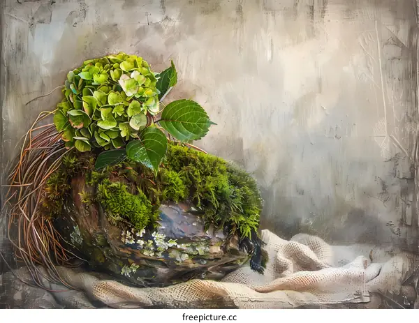 Green Hydrangea Flower On Rock With Moss
